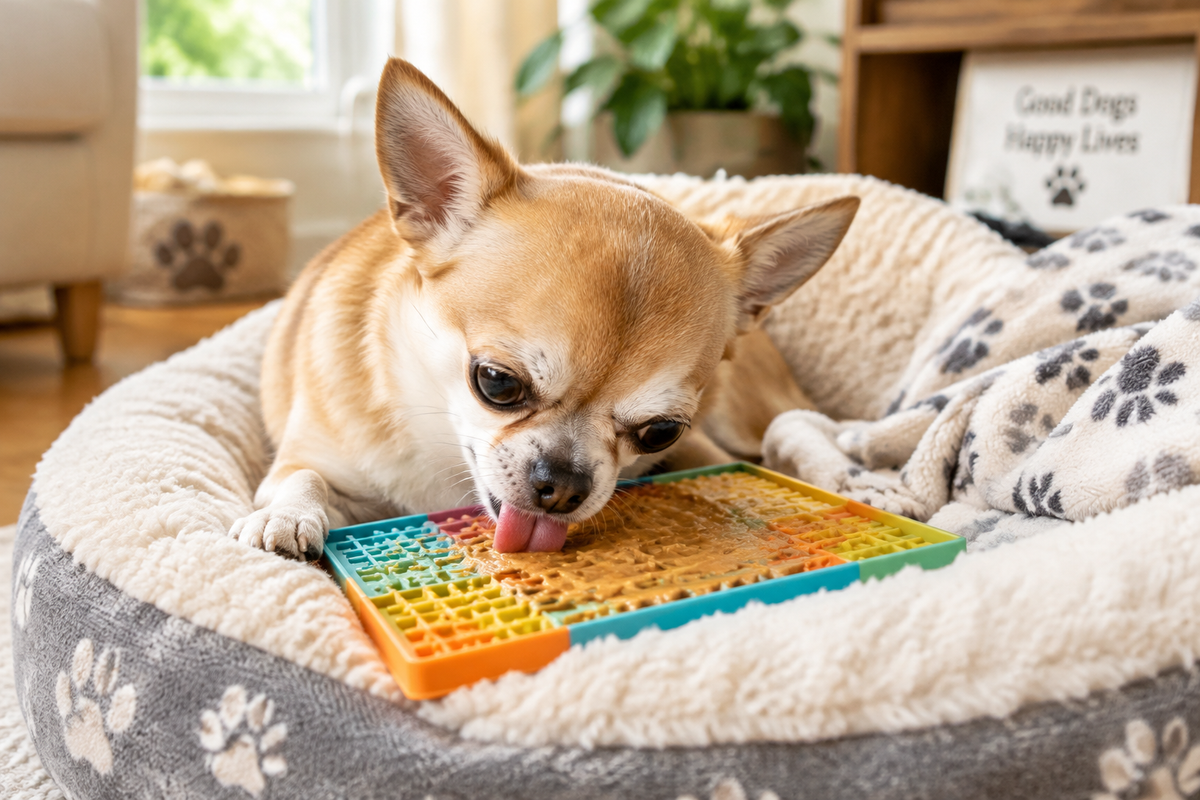 Chihuahua resting on a cozy dog bed with a lick mat