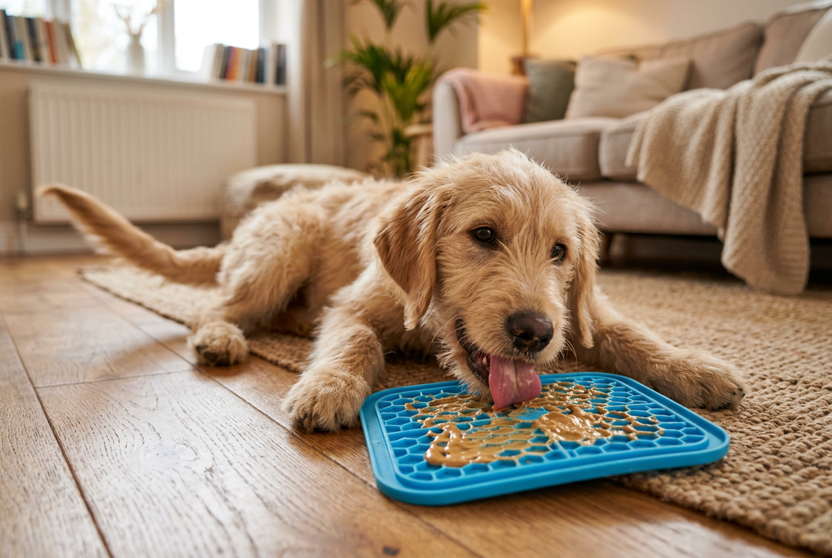 Happy dog enthusiastically licking a colorful lick mat on the floor