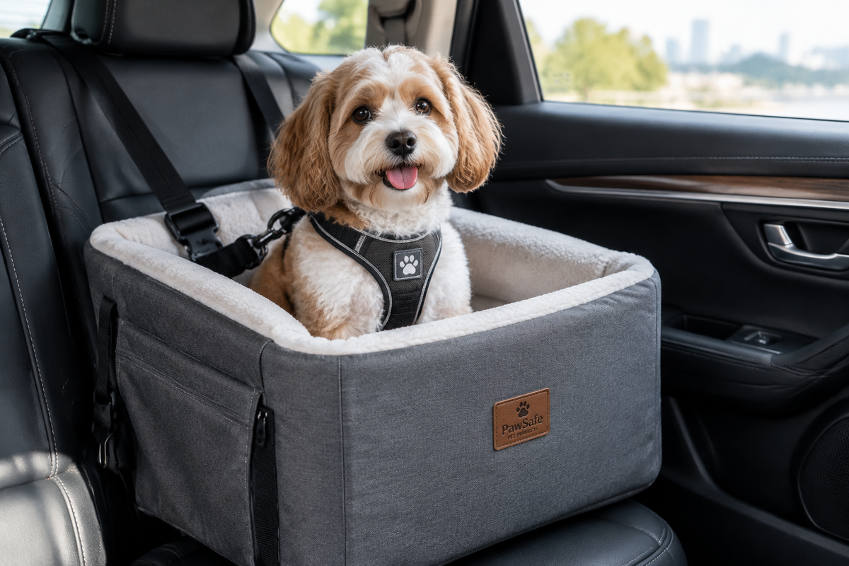 Small dog safely secured in a car booster seat