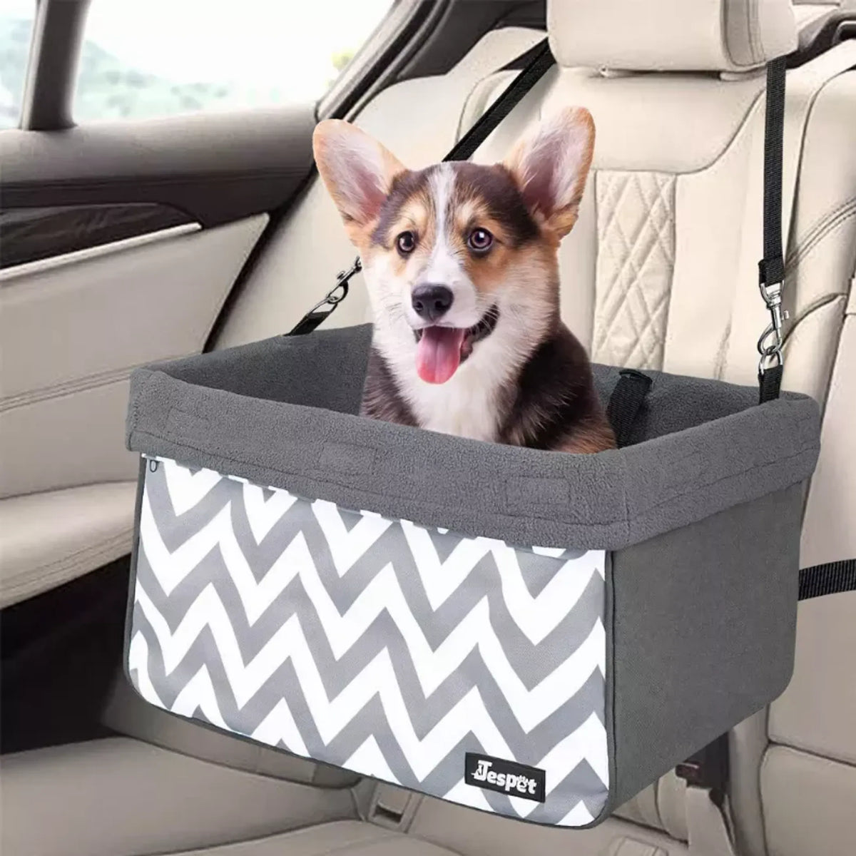 Elevated Dog Car Booster Seat with Safety Leash