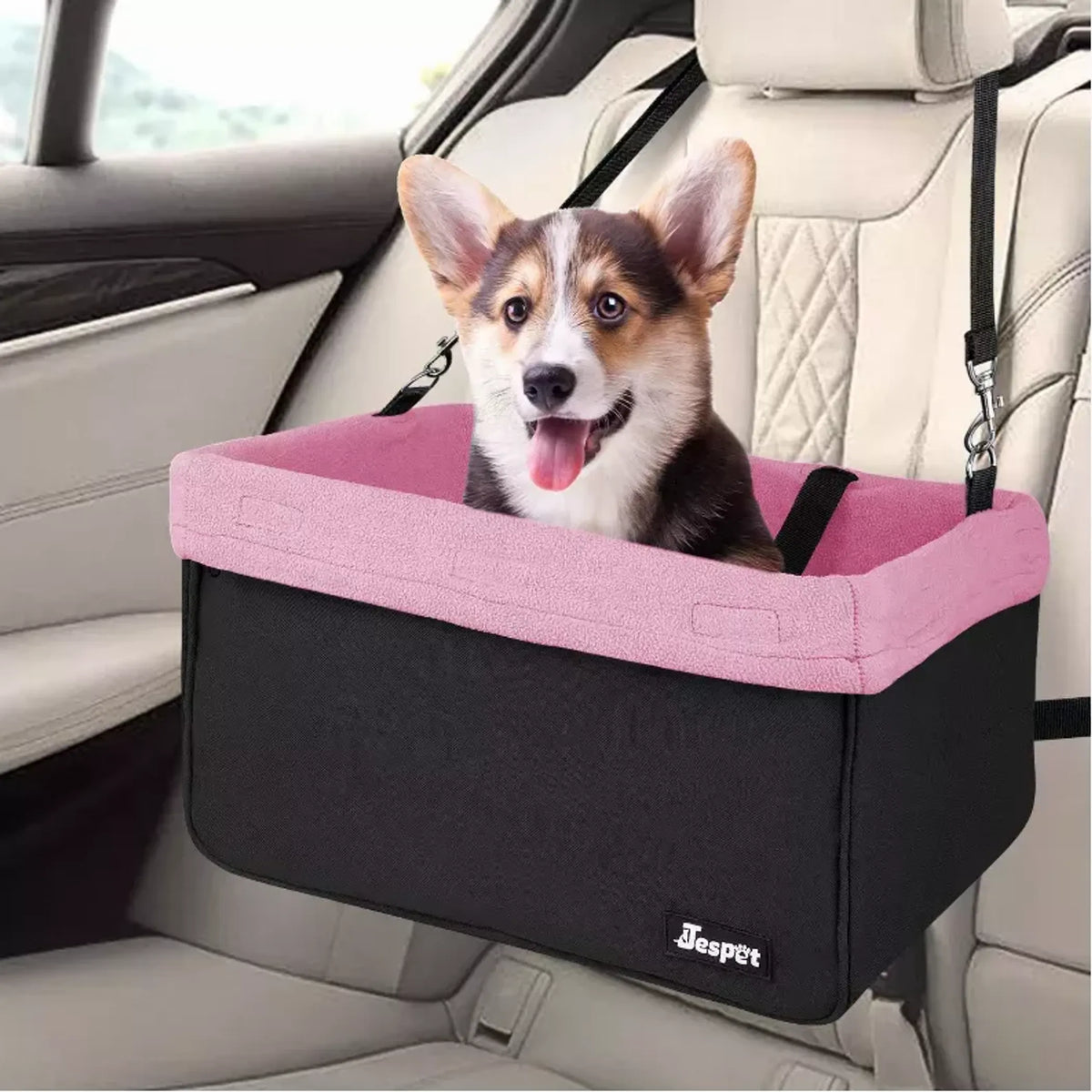 Elevated Dog Car Booster Seat with Safety Leash